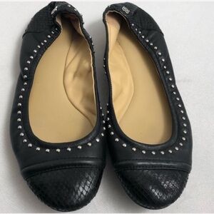 Coach Delia black leather and silver nickel studded python detail ballet flats